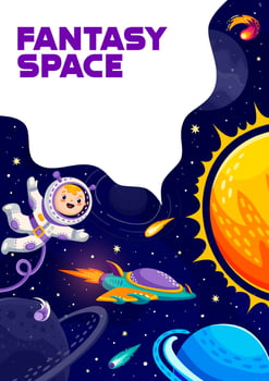 Cartoon space poster with kid astronaut and planet vector