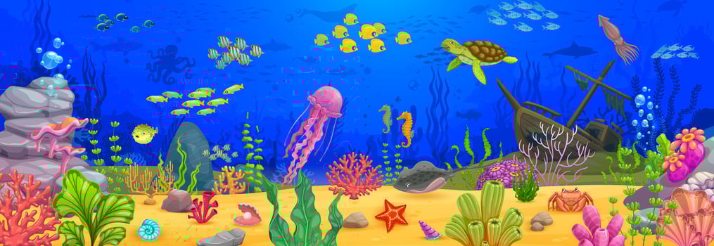 Underwater landscape, cartoon vector background