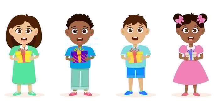 Boys and girls holding a gift box. Kids illustration. vector