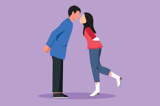 Cartoon flat style drawing young boy and pretty girl in love. Romantic Arabian couple lovers kissing each other. Happy man and woman celebrating wedding anniversary. Graphic design vector illustration