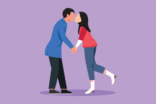 Graphic flat design drawing romantic of male and female couple with lips locked in kiss. Happy Arabian couple lovers kissing and holding hands. Man and woman in love. Cartoon style vector illustration