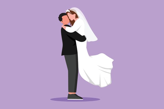 Cartoon flat style drawing romantic married couple in love kissing and hugging with wedding dress. Happy man carrying a beautiful woman in wedding party celebration. Graphic design vector illustration