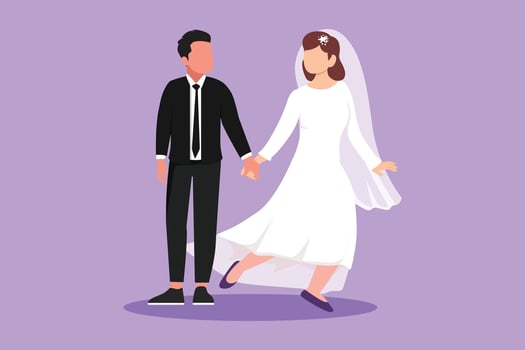 Character flat drawing of happy man pulled beautiful woman hand with wedding party. Romantic couple walking on romantic honeymoon promenade holiday. Summer vacation. Cartoon design vector illustration