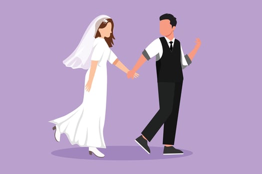 Cartoon flat style drawing happy man pulled pretty woman hand with wedding party. Romantic couple walking on romantic honeymoon promenade holiday. Summer vacation. Graphic design vector illustration