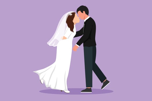 Cartoon flat style drawing beautiful woman and man stand in love and kiss each other in wedding celebration. Young married couple lovers kissing with wedding dress. Graphic design vector illustration