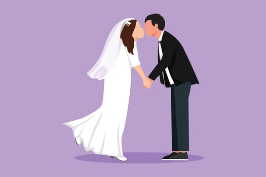 Graphic flat design drawing cute romantic married couple with lips locked in kiss. Happy man and beautiful woman lovers kissing and holding hands with wedding dress. Cartoon style vector illustration
