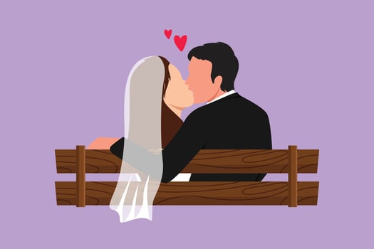 Character flat drawing back view of married couple man and woman in sweet kissing sitting on bench in park. Romantic guy and pretty girl in love with wedding dress. Cartoon design vector illustration