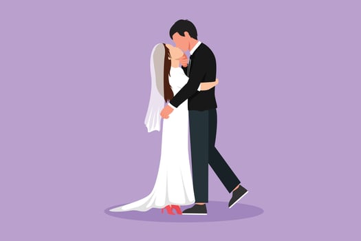 Cartoon flat style drawing cute married couple in love kissing and hugging. Happy romantic man wearing suit and pretty woman with dress in wedding celebration party. Graphic design vector illustration