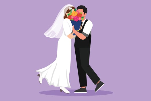 Graphic flat design drawing of cute married couple hugging and kissing behind bouquet of flowers. Happy handsome man and pretty woman celebrating wedding anniversary. Cartoon style vector illustration