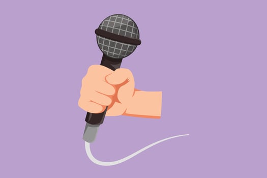 Character flat drawing karaoke man sings song with microphone. Singer holding microphone in his hand at karaoke singer sing a song. Mic equipment for music festival. Cartoon design vector illustration