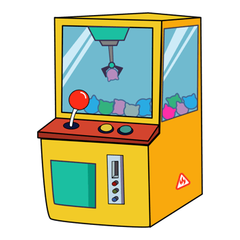 Yellow Crane game doll machine.Claw machine with colorful plush toys. png