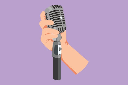 Character flat drawing hand holding a retro microphone over blue background. Rock music live concert with old microphone logo. Mic for sing a song at music festival. Cartoon design vector illustration