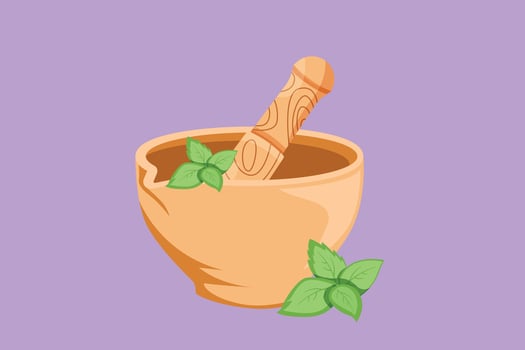 Character flat drawing stylized mortar and pestle vintage logo, icon, label, symbol. Ayurvedic medicine bowl. Herbal medicine concept. Isolated on blue background. Cartoon design vector illustration