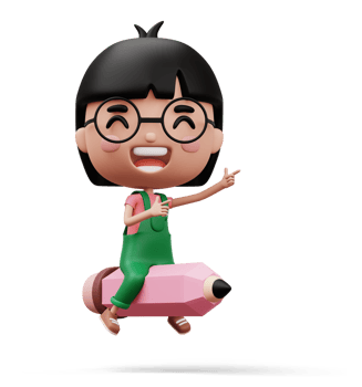 Happy child with pencil, cute girl cartoon character, 3d rendering png