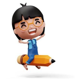 Happy child with pencil, cute girl cartoon character, 3d rendering png