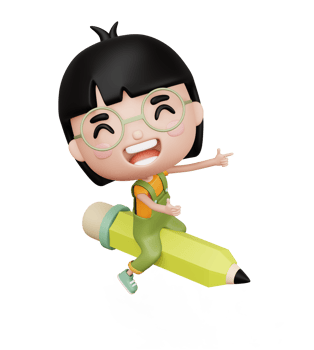 Happy child with pencil, cute girl cartoon character, 3d rendering png