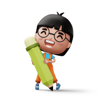 Happy child with pencil, cute girl cartoon character, 3d rendering png