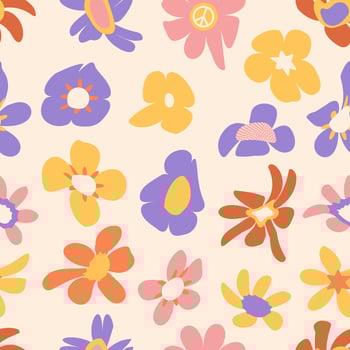 Groovy aesthetic floers seamless pattern. Spring or summer mood backround. Cute retro psychedelic flowers backdrop. Retro flat vector design and card, covers, package, wrapping paper.