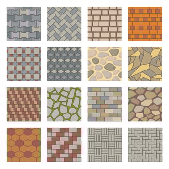 Pavement stones seamless pattern, paving stone city road texture. Pavements sidewalk tiles, brick pathway, stone paving patterns vector set