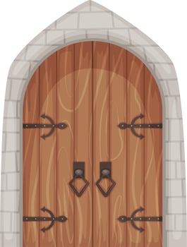 Cartoon medieval castle entrance gates and dungeon door. Old wooden doors with stone surround, ancient castles doorway or gate vector set