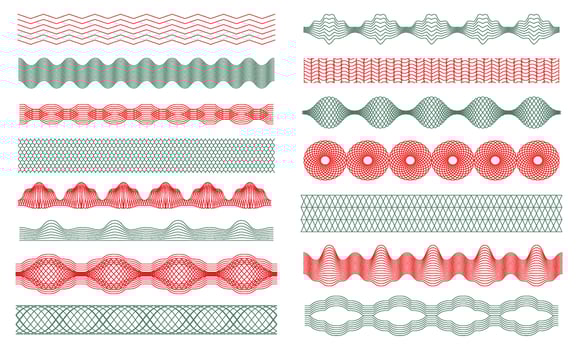 Guilloche borders, money watermark, certificate decoration elements. Banknote security watermarks, guilloches seamless border vector set