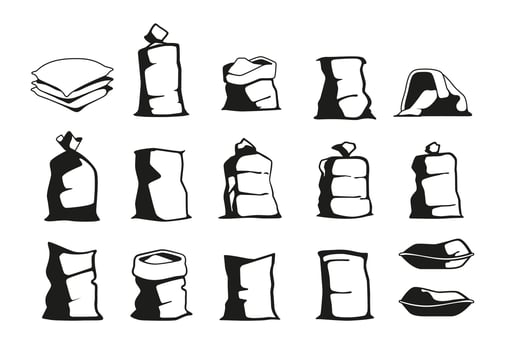 Farmer sack. Black silhouette symbol of burlap bags with agricultural harvest, natural organic food agronomy gardening concept. Vector set
