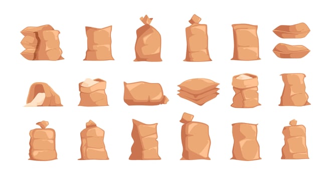 Burlap sack. Cartoon bags full of harvest rice flour grain wheat sugar cereal, brown sackcloth material packaging. Vector agriculture set