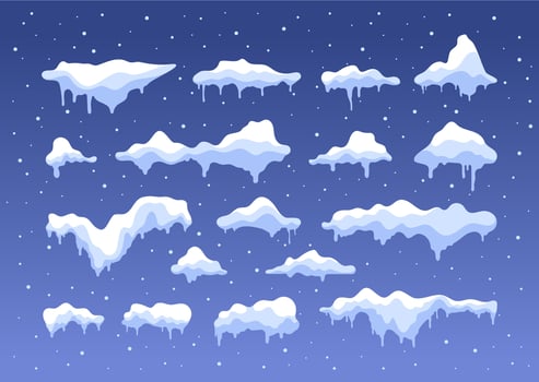 Snow caps. Snowflake snowball ice pile flat cartoon style, snowy frozen winter Christmas decoration elements. Vector isolated collection
