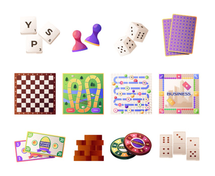 Board games. Cartoon table card strategy and group games for playing with family and friends, kids and adult home activity vector