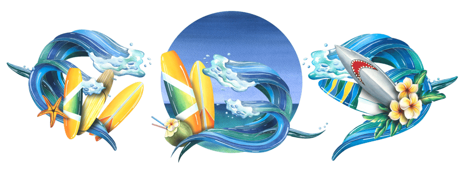 A sea wave with surfboards and a starfish, flowers. Watercolor illustration hand drawn. A set isolated compositions png