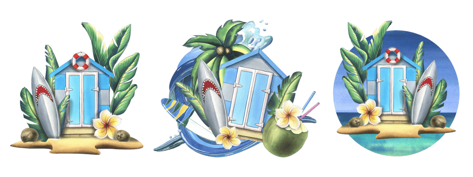 Wooden beach cabin with surfboard, tropical monstera leaves, frangipani flowers and cocktail in coconut. Watercolor illustration, hand drawn. A set Isolated compositions png