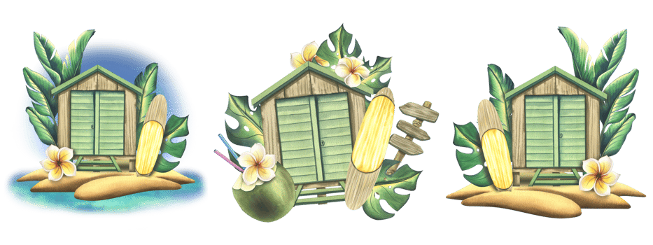 Wooden beach cabin with surfboard, tropical palm leaves, frangipani flowers and cocktail in coconut. Watercolor illustration, hand drawn. A set Isolated compositions png