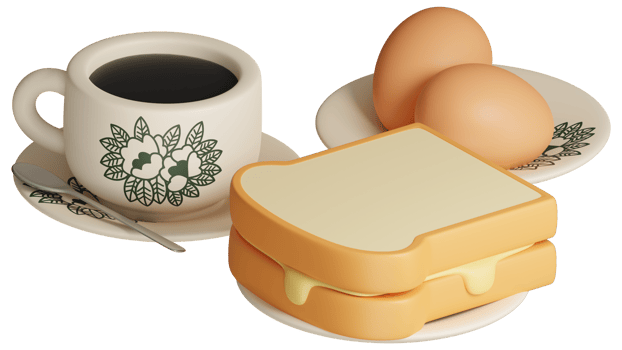 3D traditional oriental style coffee, half boiled eggs and butter toast breakfast set. Vintage Nanyang style coffee cup and plate 3D rendering icon illustration png