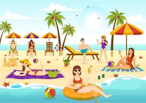 Sunbathing Vector Illustration of People Lying on Chaise Lounge and Relaxing on Beach Summer Holidays in  Flat Cartoon Hand Drawn Templates