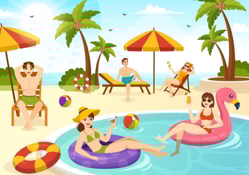 Sunbathing Vector Illustration of People Lying on Chaise Lounge and Relaxing on Beach Summer Holidays in  Flat Cartoon Hand Drawn Templates