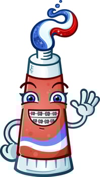 A childlike toothpaste cartoon character mascot with red white and blue gel shaped into a hairdo wearing orthodontic braces on his huge smile and waving to get your attention about dental health vector
