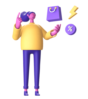 3D Character with shopping bag promo discount and flash for UI UX web mobile apps social media png