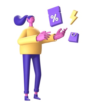 3D Character with shopping bag promo discount voucher coupon for UI UX web mobile apps social media png