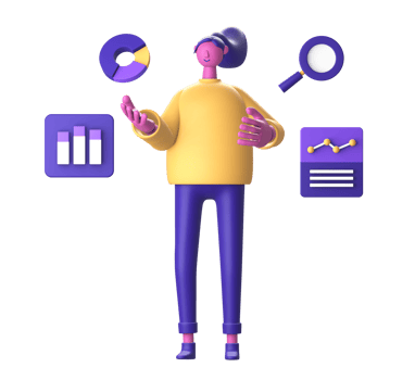 3D Character with statistic infographic chart and magnifying glass for UI UX web mobile apps social media png