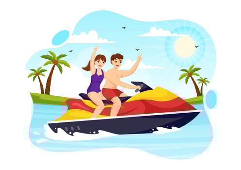 People Ride Jet Ski Vector Illustration Summer Vacation Recreation, Extreme Water Sports and Resort Beach Activity in Hand Drawn Flat Cartoon Template