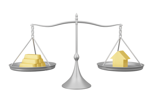 Gold and house in Silver balance scale investment financial business and law concept png