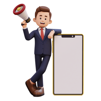 3d male character holding megaphone and laying on a big smart phone with empty screen png