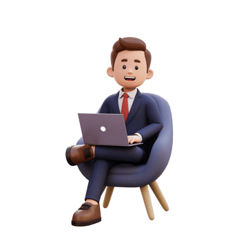 3d male character sitting on a sofa and working on a laptop png