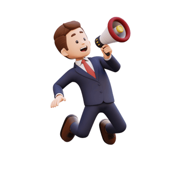 3d male character jumping and holding a megaphone png