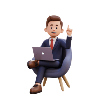 3d male character get an idea while sitting on a sofa and working on a laptop png