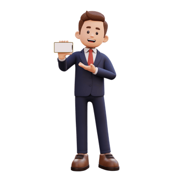 3d male character holding and presenting to a smart phone with empty screen in landscape png