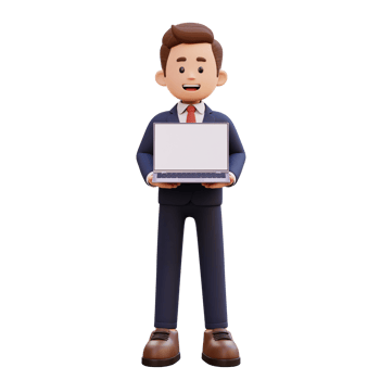 3d male character holding and presenting a laptop with empty screen png