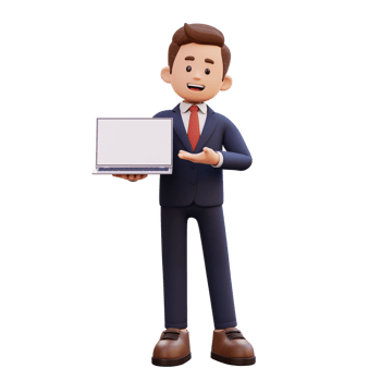 3d male character holding and presenting to a laptop with empty screen png