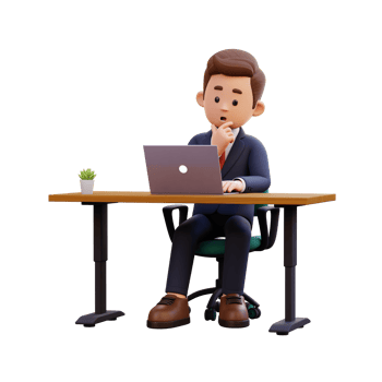 3d male character thinking and working on a laptop png