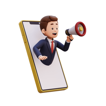 3d male character jumping out from smart phone screen and holding a megaphone png